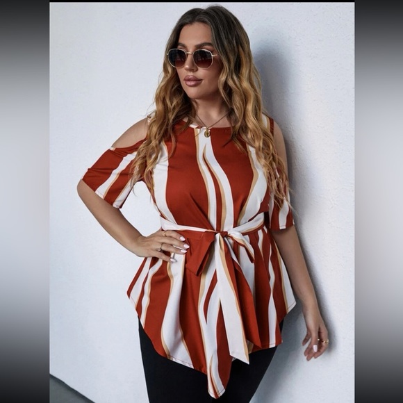 Color Block Cold Shoulder Blouse - Picture 6 of 12